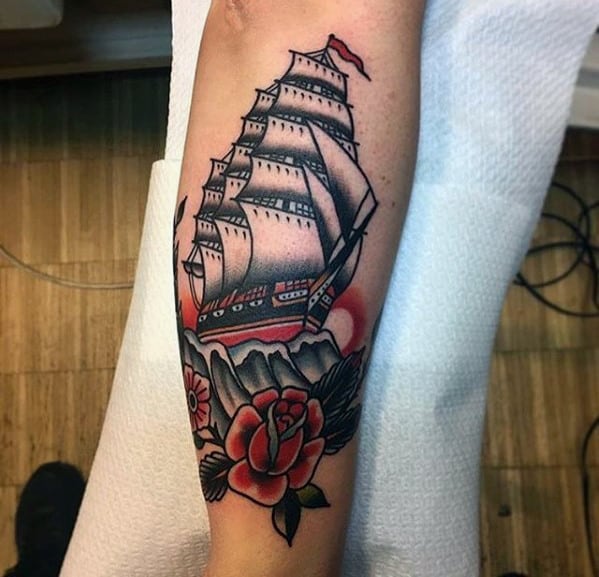 Guys Sailing Ship With Red Flower Traditional Leg Tattoo