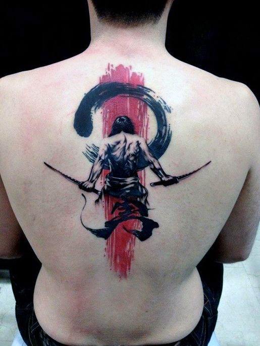 Guys Samuari Warrior Watercolor Tattoo Ideas Red And Black Designs