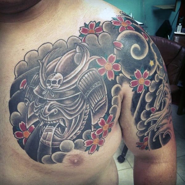 Guys Samurai Mask Modern Shoulder Tattoo With Flowers