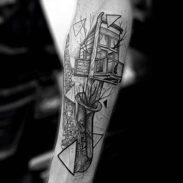 Guys Saxophone Abstract Sketeched Inner Forearm Tattoo