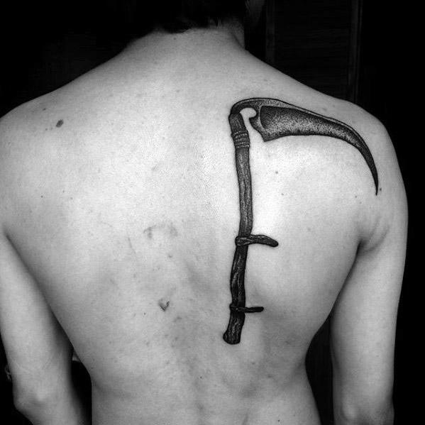 Guys Scythe Tattoo Deisgns On Back Of Shoulder Blade