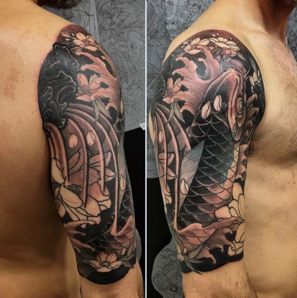 Guys Shade And Grey Koi Fish Lotus Flower Half Sleeve Tattoo Ideas