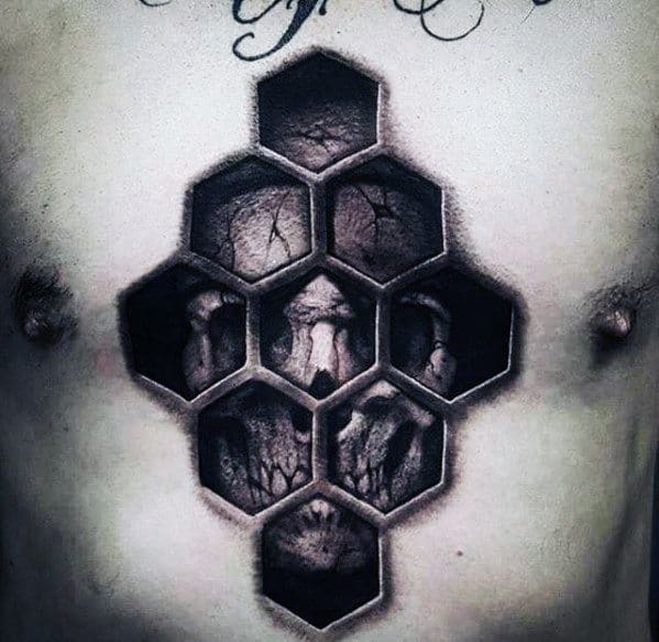 Guys Shaded 3d Honeycomb Skull Chest Tattoo