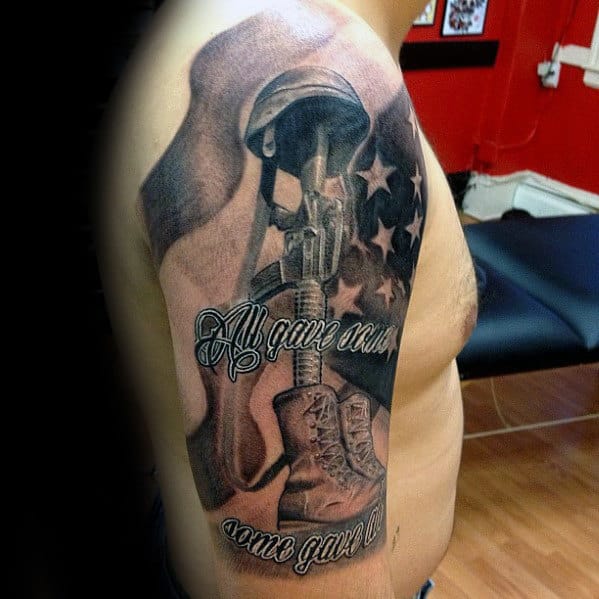 Guys Shaded American Flag Fallen Soldier Half Sleeve Tattoo