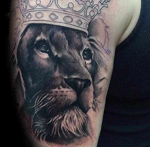 Guys Shaded Arm Tattoo Of Lion With Crown