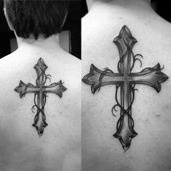 Guys Shaded Black And Grey Small Religious Cross Back Tattoo