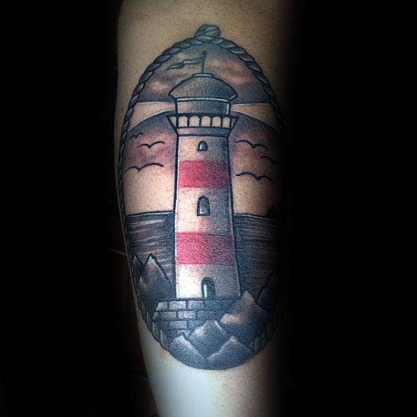 Guys Shaded Red And Grey Ink Traditional Lighthouse Inner Forearm Tattoos