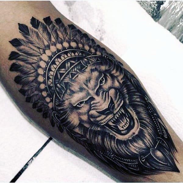Guys Shaded White Ink Lion Tattoo On Leg Calf