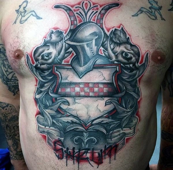 Guys Shield Red And Grey Shaded Chest Tattoo
