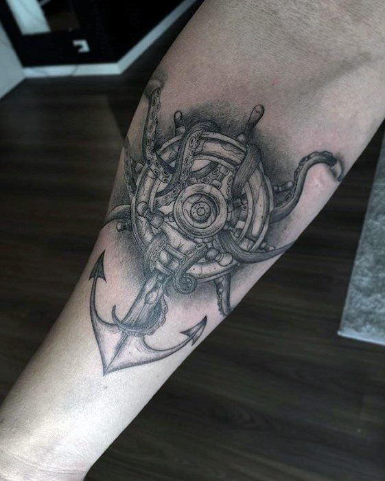Guys Ship Wheel Anchor Unqiue Tattoos On Inner Forearm