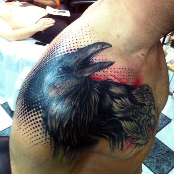 Guys Shoulder Black Dotted Cawing Raven Tattoo
