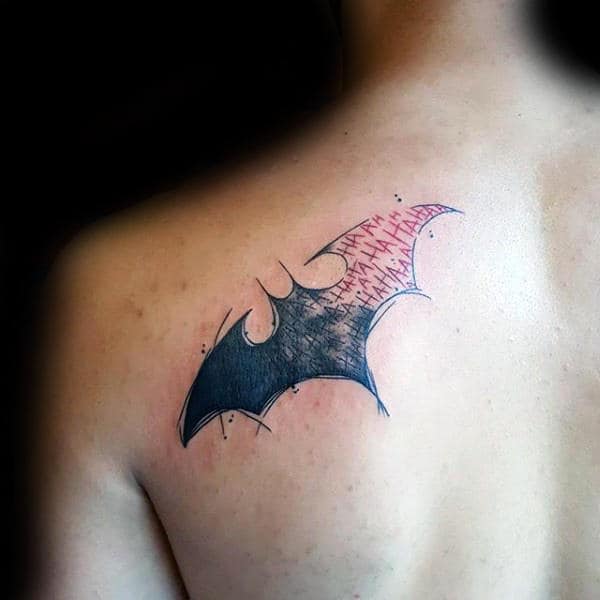 Guys Shoulder Blade Batman Symbol Tattoos
