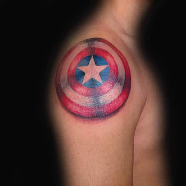 Guys Shoulder Captain America 3d Shield Tattoo