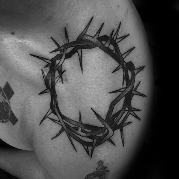 Guys Shoulder Crown Of Thorns Old School Black And Grey Tattoos