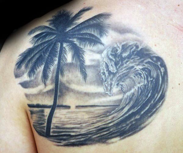 Guys Shoulder Palm Tree And Surf Tattoo