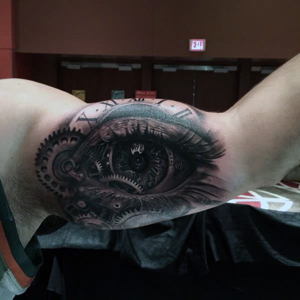 Guys Shoulders 3D Eye And Gears Tattoo