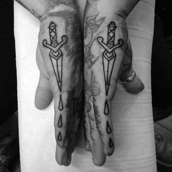 Guys Side Hand Black Ink Outline Small Traditional Dagger Tattoos