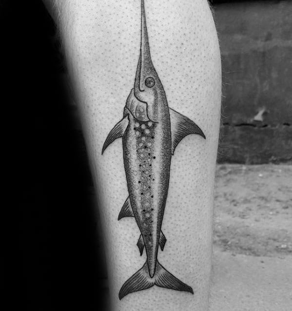 Guys Side Of Leg Tattoos With Swordfish Design