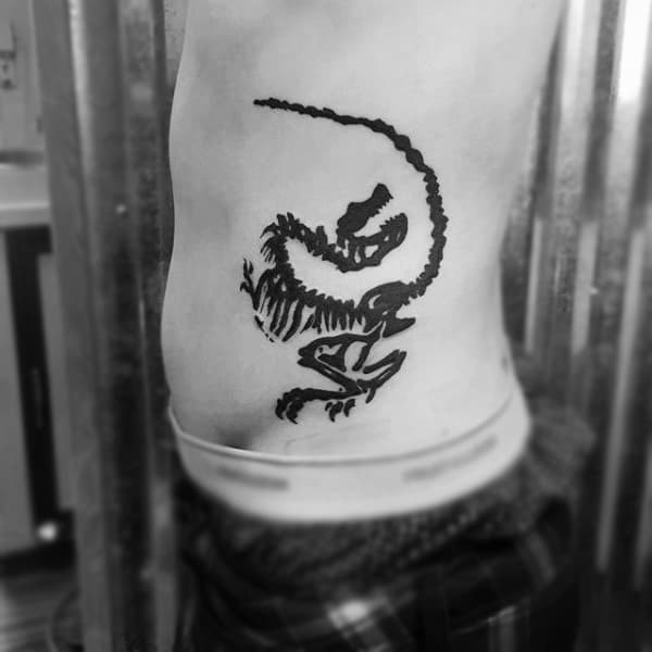 Guys Side Rib Black Dinosaur Tattoo