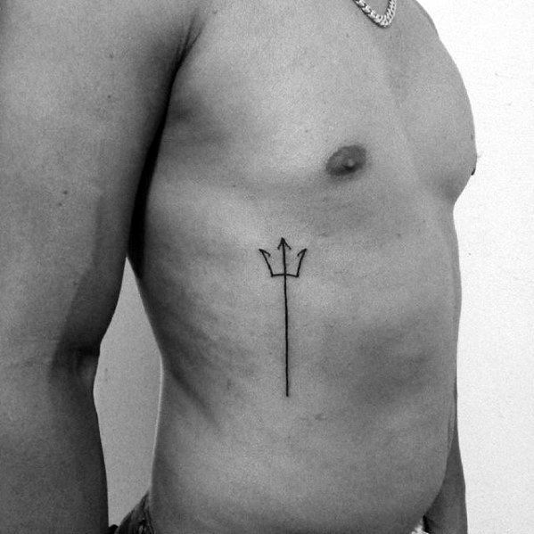 Guys Simple Black Ink Trident Tattoo Deisgns On Rib Cage Side