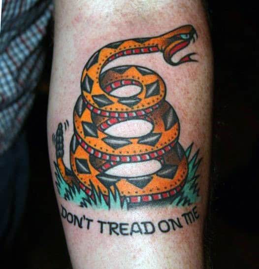 Guys Simple Calf Tattoo With Dont Tread On Me Text