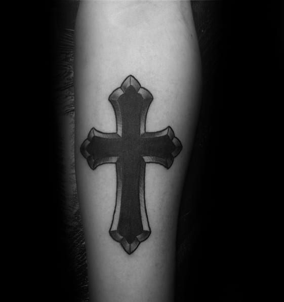 Guys Simple Christian Black Cross Forearm Tattoo
