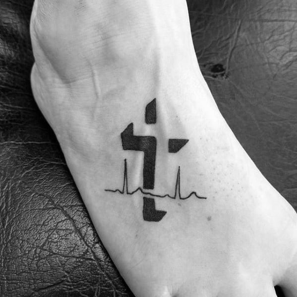 Guys Simple Christian Negative Space Cross Foot Tattoo
