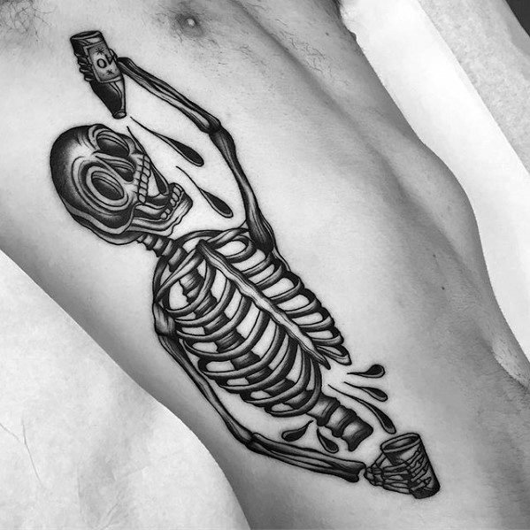 Guys Skeleton Drinking Beer Rib Cage Side Of Body Tattoo Design Idea Inspiration