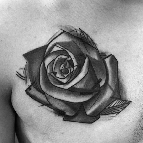 Guys Sketched Rose Flower Shaded Black And Grey Ink Small Chest Tattoos.