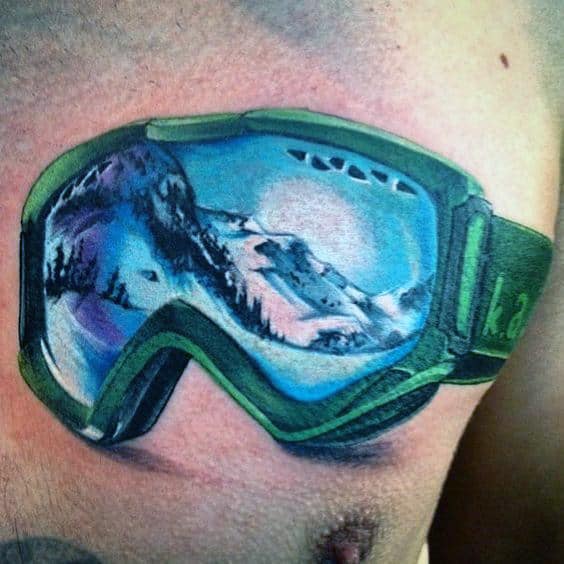 Guys Skiing Googles Mountain Landscape Tattoo On Chest