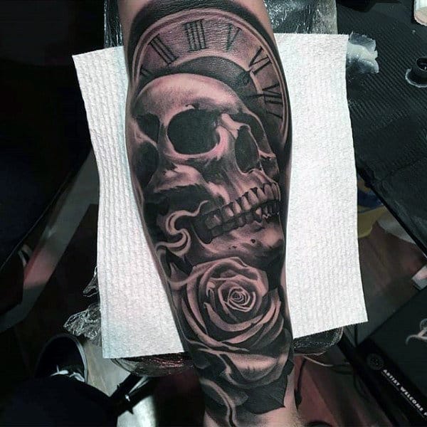 Guys Skull With Ruman Numerals Clock Black Ink Arm Sleeve Tattoo