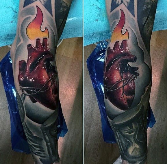 Guys Sleeve Flaming 3d Heart Tattoos