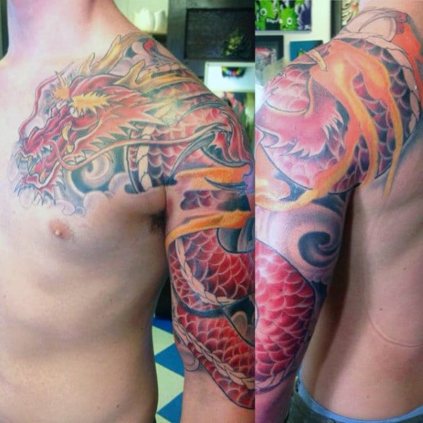 Guys Sleeves Fiery Red Burning Dragon Tattoo