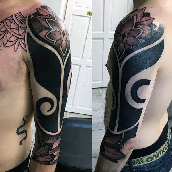 Guys Sleeves Interesting Dark Black Patch And Flower Tattoo