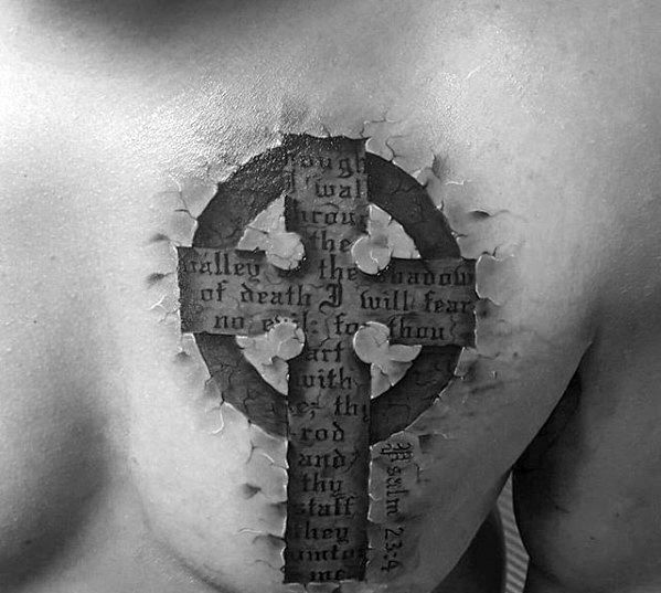 Guys Small 3d Cross With Bible Quote Tattoo On Chest