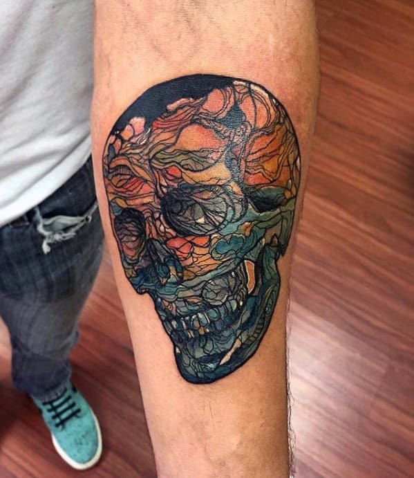 Guys Small Colorful Detailed Skull Inner Forearm Tattoos