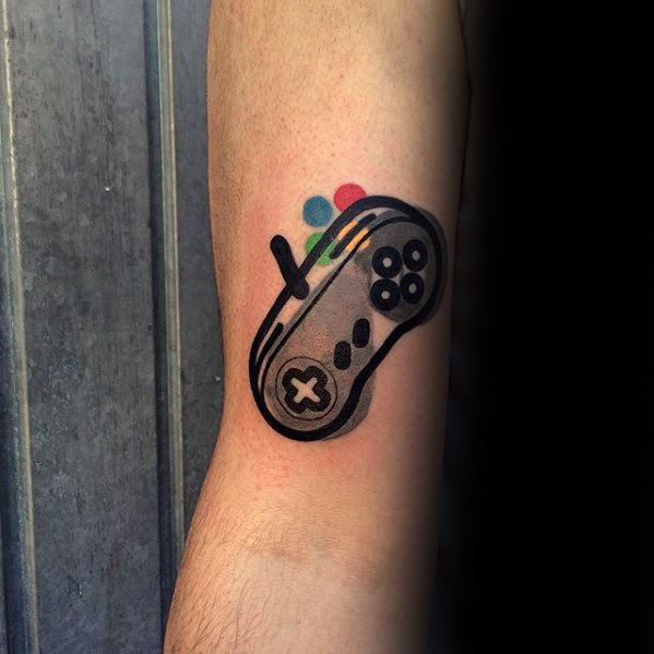 Guys Small Colorful Video Game Controller Arm Tattoo