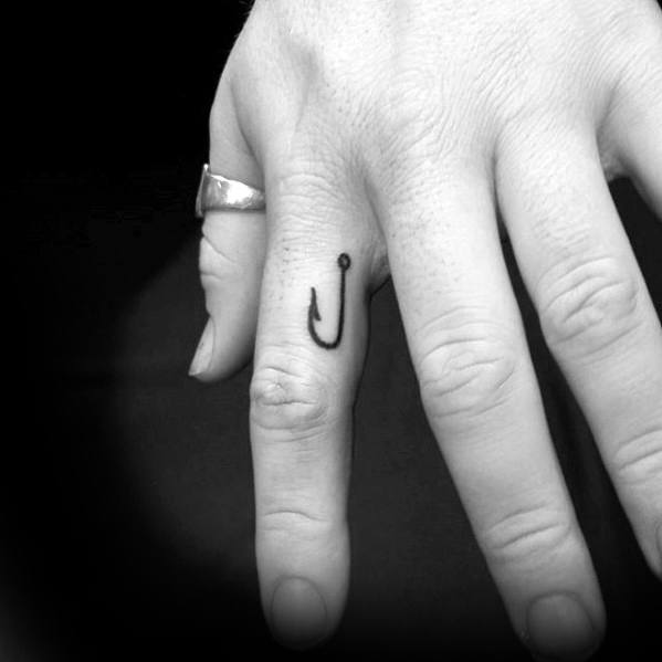Guys Small Manly Fish Hook Finger Tattoo