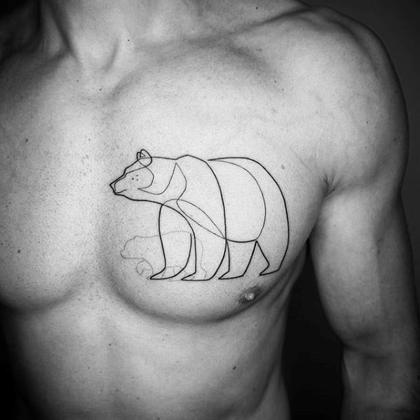 Guys Small Minimalist Bear Black Ink Lines Upper Chest Tattoo
