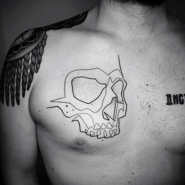 Guys Small Minimalist Line Skull Upper Chest Tattoo