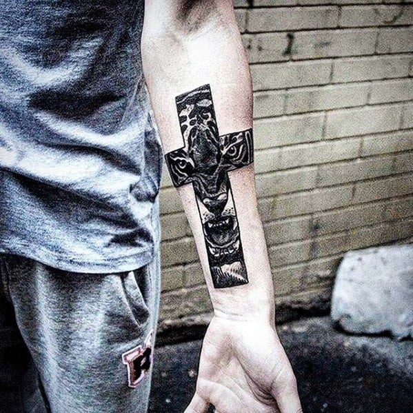 Guys Small Religious Tiger Cross Inner Forearm Tattoos