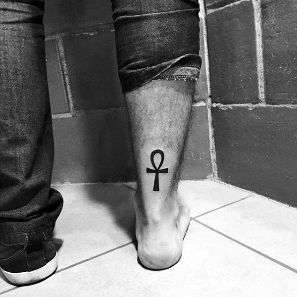 Guys Small Simple Ankh Lower Leg Tattoo Idea Inspiration