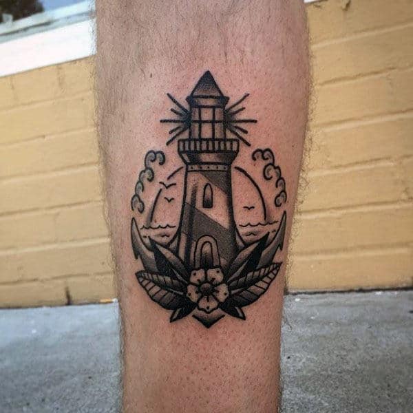 guys-small-simple-traditional-lighthouse-lower-leg-black-and-grey-ink-tattoo-designs