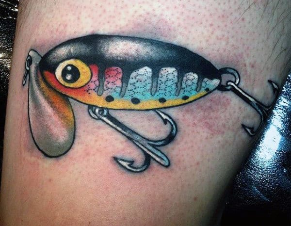 Guys Small Treble Fish Hook With Baitfish Tattoo On Arm