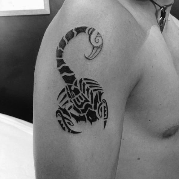 Guys Small Upper Arm Tribal Scorpion Tattoo