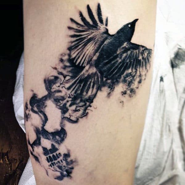 Guy's Smoke Sleeve Tattoo Of Flying Bird