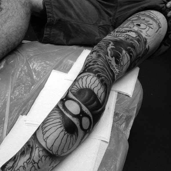 Guys Snake Full Leg Sleeve Japanese Design Tattoo Ideas
