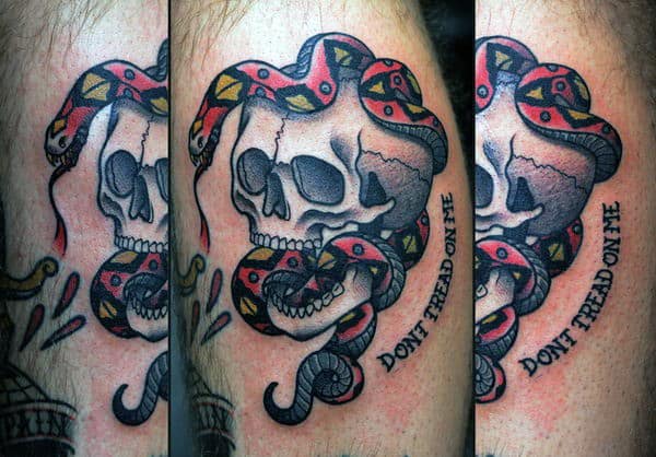 Guys Snake Skull And Dont Tread On Me Text Thigh Tattoo In Neo Traditional Style