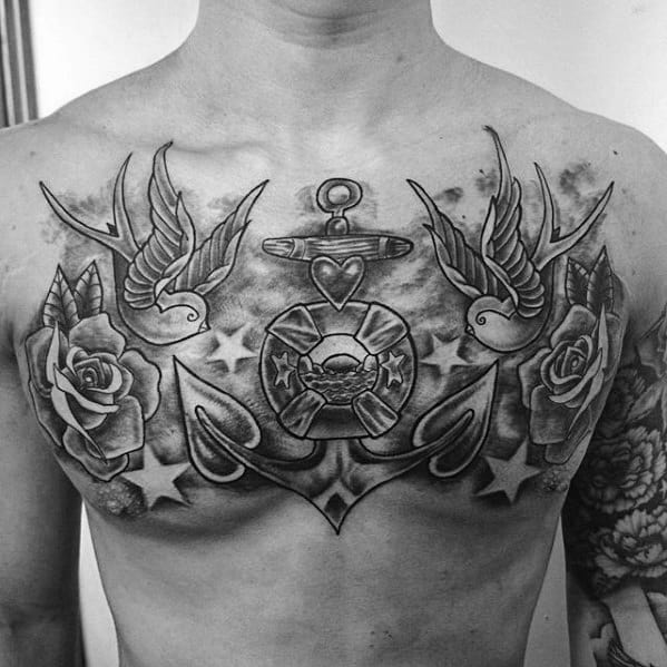 Guys Sparrows With Anchor Unique Shaded Black And Grey Chest Tattoos