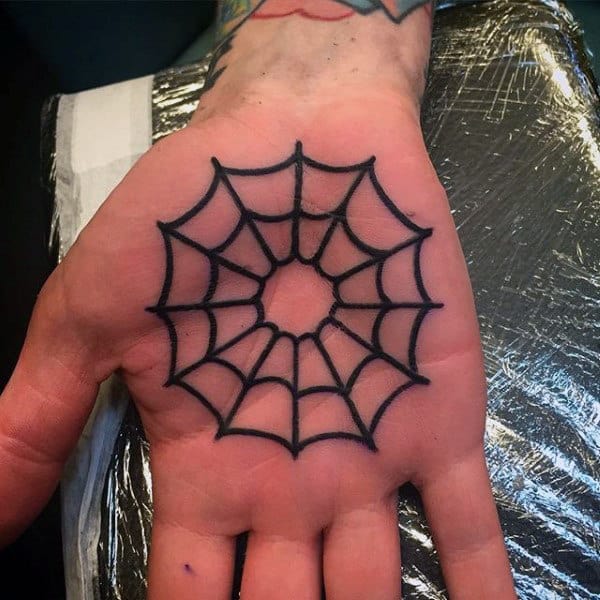 Guys Spider Web Palm Tattoo